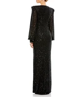 Mac Duggal Deep V-Neck Bishop Sleeve Sequined Gown