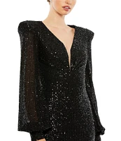 Mac Duggal Deep V-Neck Bishop Sleeve Sequined Gown