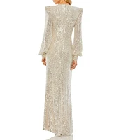 Mac Duggal Deep V-Neck Bishop Sleeve Sequined Gown