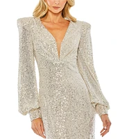 Mac Duggal Deep V-Neck Bishop Sleeve Sequined Gown