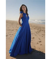 Mac Duggal Deep V-Neck Bow Shoulder Crepe Ballgown