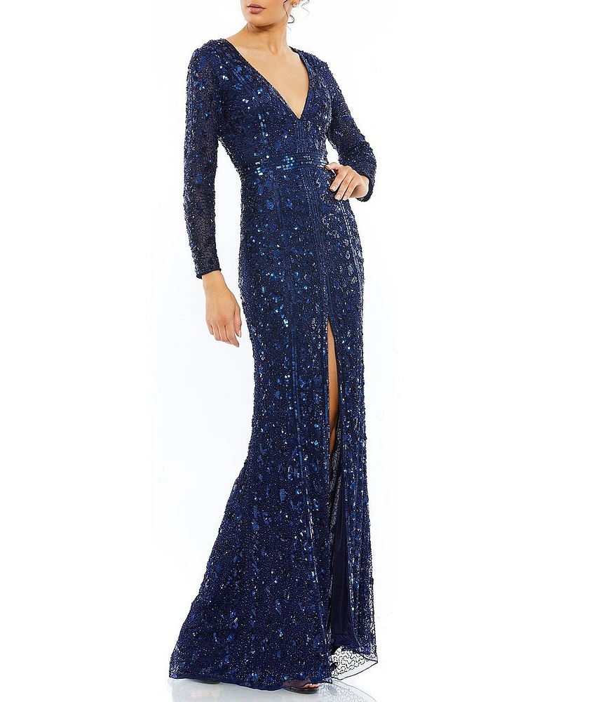 Mac Duggal Deep V-Neck Long Sleeve Thigh High Slit Beaded Sheath Gown