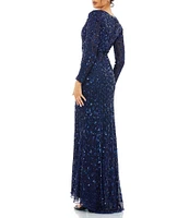 Mac Duggal Deep V-Neck Long Sleeve Thigh High Slit Beaded Sheath Gown