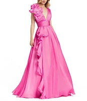 Mac Duggal Deep V-Neck Sleeveless Ruffled Shoulder Ball Gown