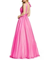 Mac Duggal Deep V-Neck Sleeveless Ruffled Shoulder Ball Gown