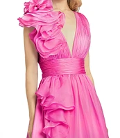 Mac Duggal Deep V-Neck Sleeveless Ruffled Shoulder Ball Gown