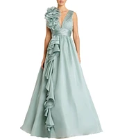 Mac Duggal Deep V-Neck Sleeveless Ruffled Shoulder Ball Gown