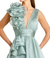 Mac Duggal Deep V-Neck Sleeveless Ruffled Shoulder Ball Gown