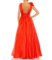 Mac Duggal Deep V-Neck Sleeveless Ruffled Shoulder Ball Gown