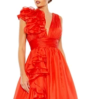 Mac Duggal Deep V-Neck Sleeveless Ruffled Shoulder Ball Gown