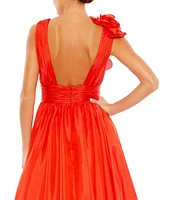 Mac Duggal Deep V-Neck Sleeveless Ruffled Shoulder Ball Gown