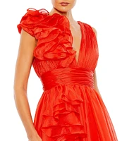 Mac Duggal Deep V-Neck Sleeveless Ruffled Shoulder Ball Gown