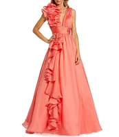 Mac Duggal Deep V-Neck Sleeveless Ruffled Shoulder Ball Gown