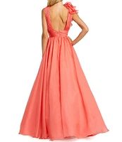 Mac Duggal Deep V-Neck Sleeveless Ruffled Shoulder Ball Gown