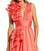 Mac Duggal Deep V-Neck Sleeveless Ruffled Shoulder Ball Gown