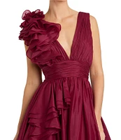 Mac Duggal Deep V-Neck Sleeveless Ruffled Shoulder Ball Gown