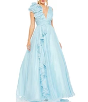 Mac Duggal Deep V-Neck Sleeveless Ruffled Shoulder Ball Gown