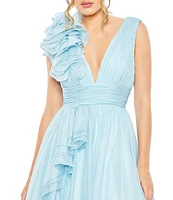 Mac Duggal Deep V-Neck Sleeveless Ruffled Shoulder Ball Gown