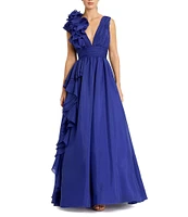 Mac Duggal Deep V-Neck Sleeveless Ruffled Shoulder Ball Gown