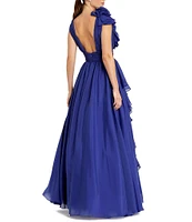 Mac Duggal Deep V-Neck Sleeveless Ruffled Shoulder Ball Gown