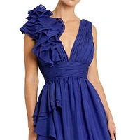 Mac Duggal Deep V-Neck Sleeveless Ruffled Shoulder Ball Gown