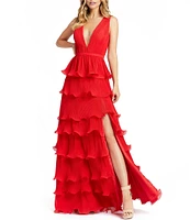 Mac Duggal Deep V-Neck Sleeveless Ruffle Tiered Thigh High Slit Gown