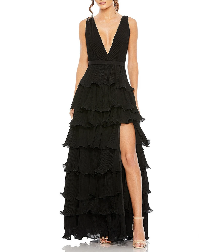 Mac Duggal Deep V-Neck Sleeveless Ruffle Tiered Thigh High Slit Gown