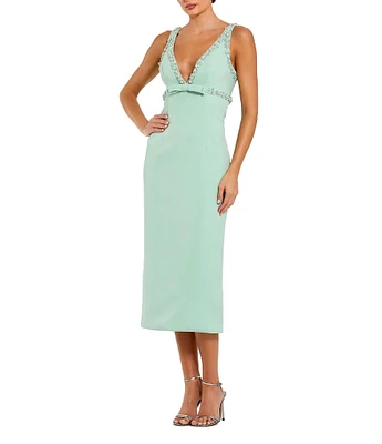 Mac Duggal Double V-Neck Bow Front Beaded Trim Sheath Crepe Midi Dress
