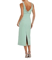 Mac Duggal Double V-Neck Bow Front Beaded Trim Sheath Crepe Midi Dress