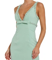 Mac Duggal Double V-Neck Bow Front Beaded Trim Sheath Crepe Midi Dress