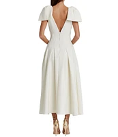Mac Duggal Double V-Neck Bow Shoulder Crepe Pleated A-Line Tea Length Dress