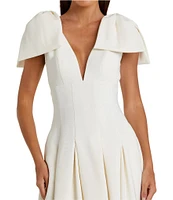 Mac Duggal Double V-Neck Bow Shoulder Crepe Pleated A-Line Tea Length Dress