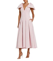 Mac Duggal Double V-Neck Bow Shoulder Crepe Pleated A-Line Tea Length Dress