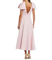 Mac Duggal Double V-Neck Bow Shoulder Crepe Pleated A-Line Tea Length Dress