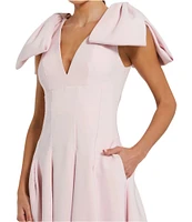 Mac Duggal Double V-Neck Bow Shoulder Crepe Pleated A-Line Tea Length Dress