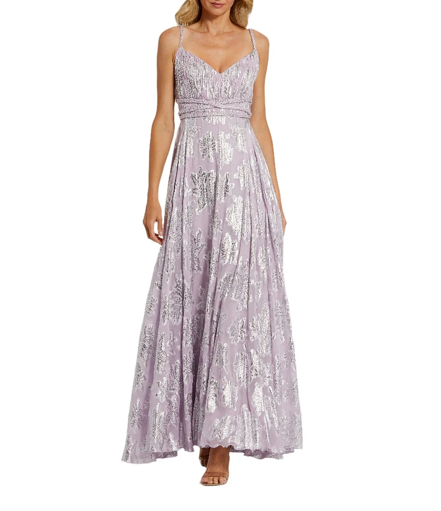 Mac Duggal Double V-Neck Braided Strap Ruched Floral Chiffon A-Line Gown