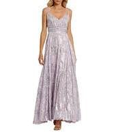 Mac Duggal Double V-Neck Braided Strap Ruched Floral Chiffon A-Line Gown