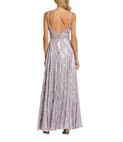 Mac Duggal Double V-Neck Braided Strap Ruched Floral Chiffon A-Line Gown