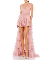 Mac Duggal Double V Neck Built in Bodysuit Hi Low Tiered Gown