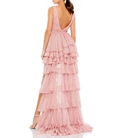 Mac Duggal Double V Neck Built in Bodysuit Hi Low Tiered Gown