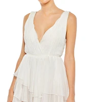 Mac Duggal Double V Neck Built in Bodysuit Hi Low Tiered Gown