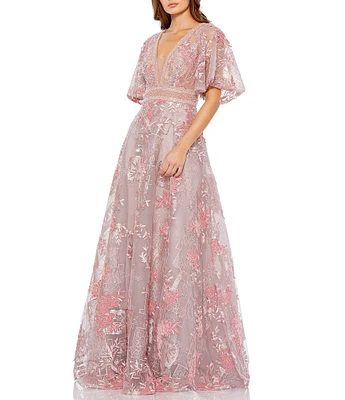 Mac Duggal Double V-Neck Short Flutter Sleeve Embroidered Mesh A-Line Gown