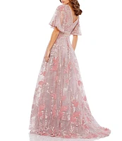 Mac Duggal Double V-Neck Short Flutter Sleeve Embroidered Mesh A-Line Gown
