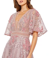 Mac Duggal Double V-Neck Short Flutter Sleeve Embroidered Mesh A-Line Gown
