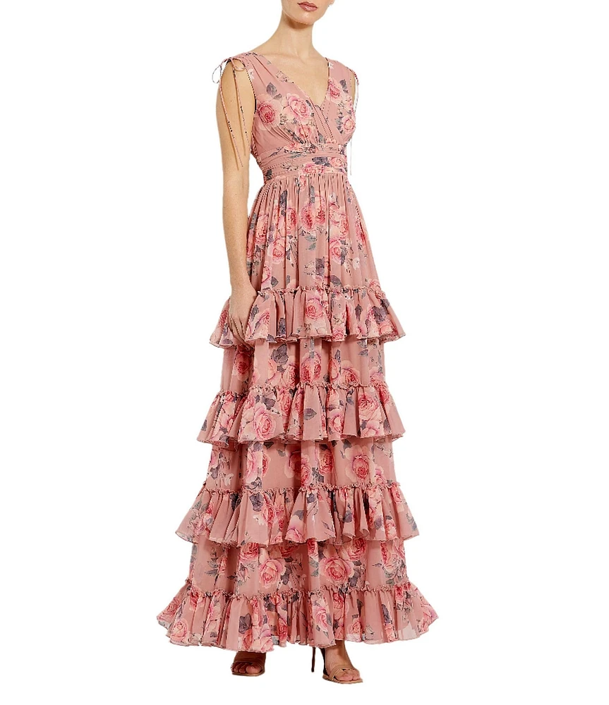 Mac Duggal Double V-Neck Sleeveless Floral Chiffon Tiered Ruffle A-Line Gown