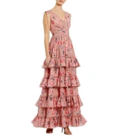 Mac Duggal Double V-Neck Sleeveless Floral Chiffon Tiered Ruffle A-Line Gown
