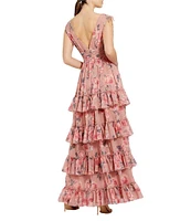 Mac Duggal Double V-Neck Sleeveless Floral Chiffon Tiered Ruffle A-Line Gown
