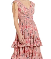 Mac Duggal Double V-Neck Sleeveless Floral Chiffon Tiered Ruffle A-Line Gown