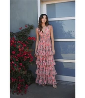 Mac Duggal Double V-Neck Sleeveless Floral Chiffon Tiered Ruffle A-Line Gown