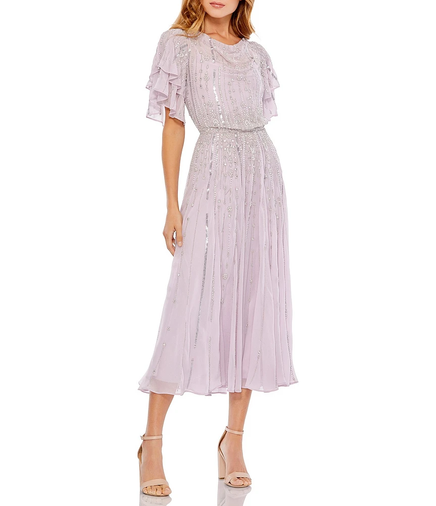 Mac Duggal Drape Neck Short Flutter Sleeves Beaded Chiffon Blouson Midi Dress